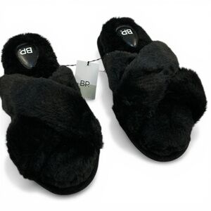 bp Black Plush Crisscross Slide Slippers New With Tags! Sz10